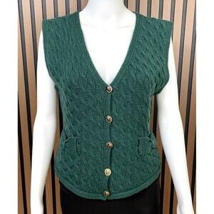 Cullinane Vest 100% Women's Wool Cable Knit Sweater L Vest Bow Green Button
